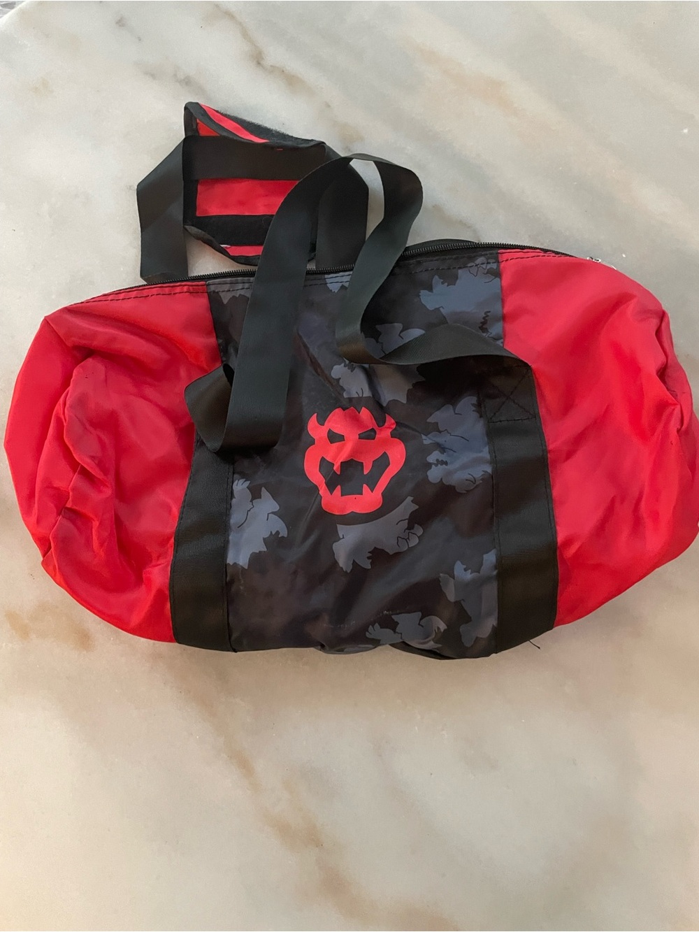 Red and Black Men's Duffle Bag with Graphic Logo Bowser